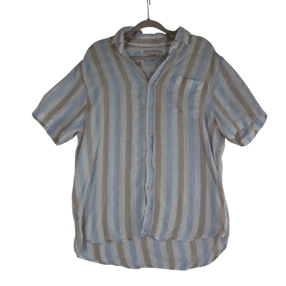 Porter & Ash 100% Linen Button Up Shirt Men's Large Striped Beach Resort Summer